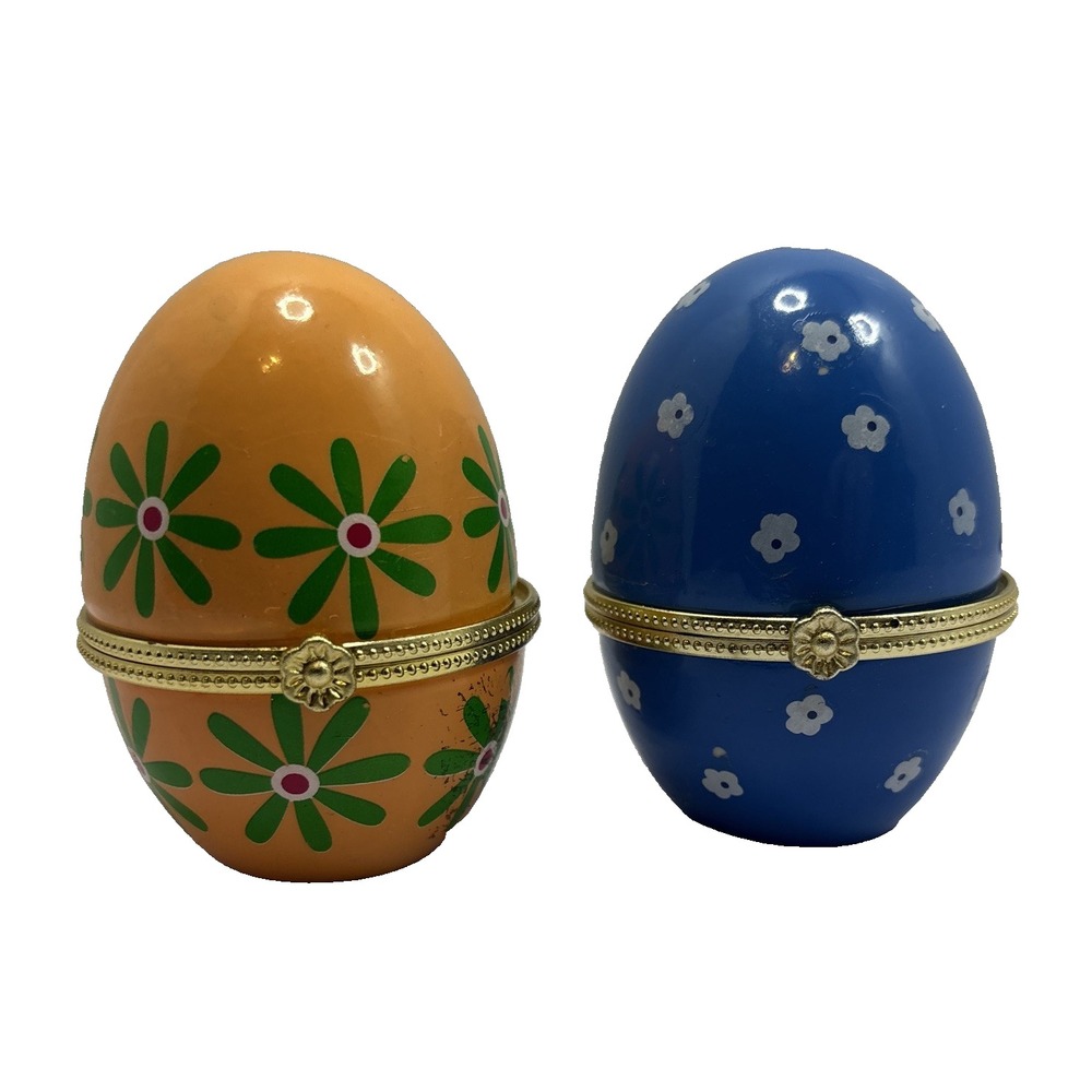 Two Porcelain Orange, Green, Blue Egg Shaped Hinged Limoge Style Trinket Box Vtg